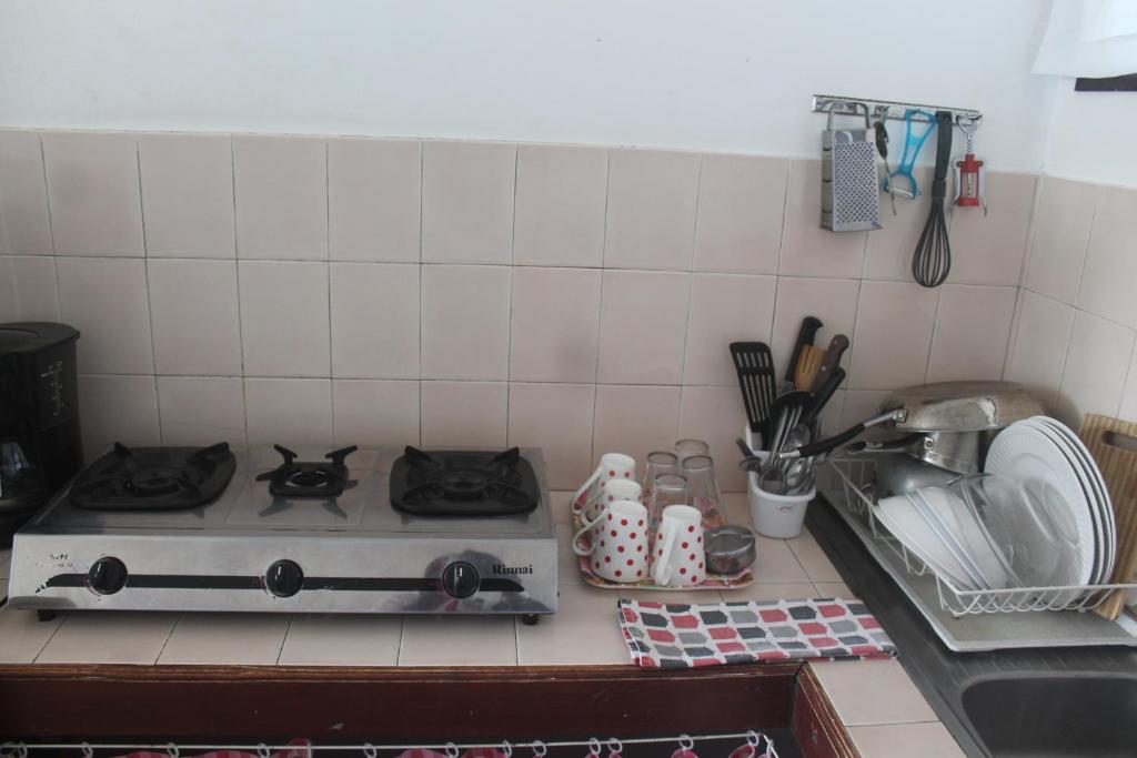 a kitchen counter with a stove and a sink at Auberge Miko in Grand Baie