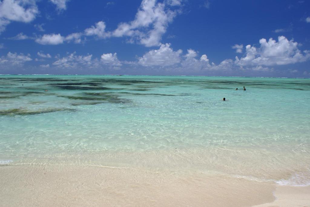 a beach with people swimming in the water at Auberge Miko in Grand Baie
