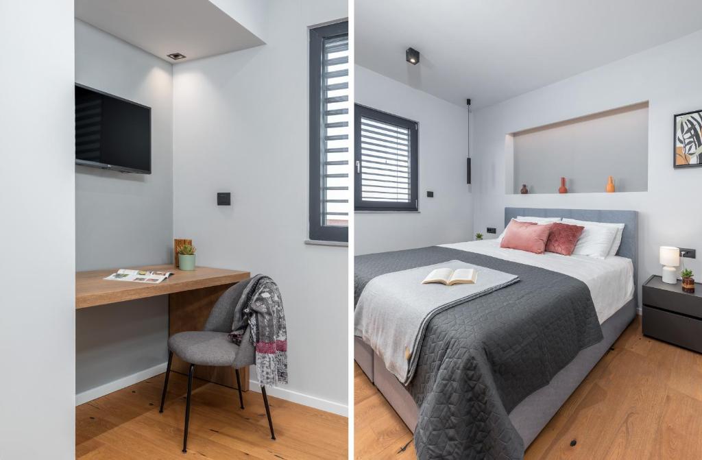 a bedroom with a bed and a desk at Amazing private villa with outdoor swimming pool in Vodnjan in Vodnjan