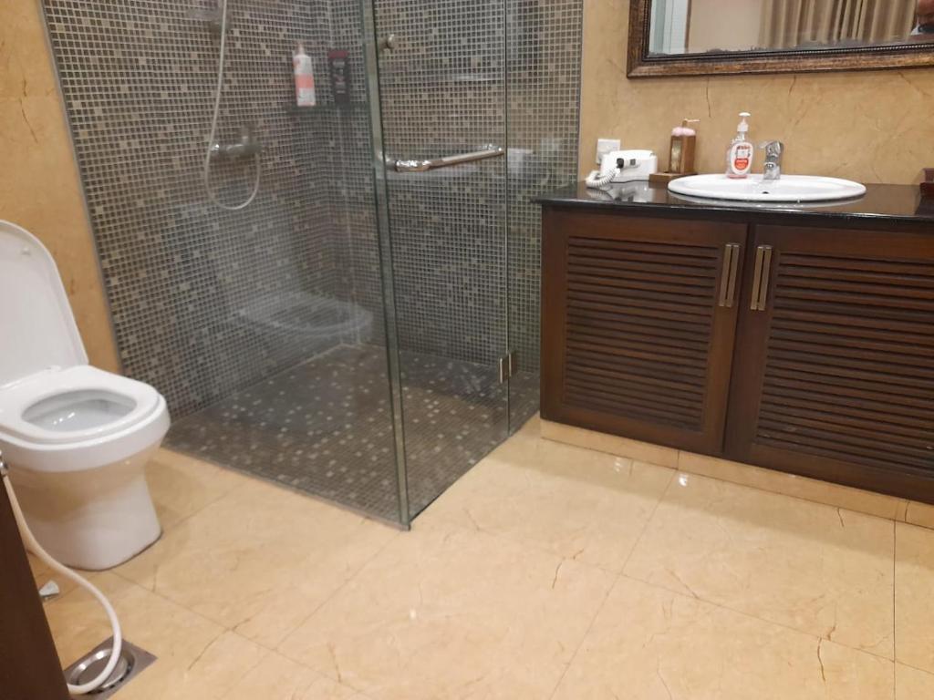 a bathroom with a shower and a toilet and a sink at Grand Regent Hotel and Suites in Faisalabad