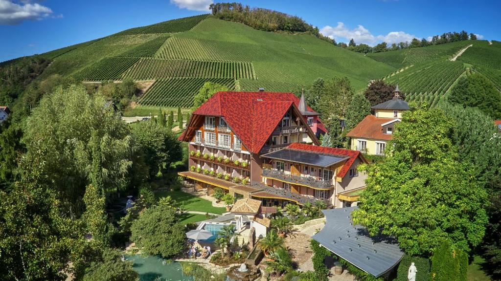 widok z góry na dom z czerwonym dachem w obiekcie Hotel Rebstock Durbach w mieście Durbach