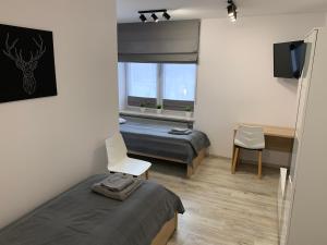 - une chambre avec 2 lits, une télévision et une fenêtre dans l'établissement Pokoje ANTRACYT, à Skarżysko-Kamienna