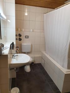 un bagno con lavandino, WC e vasca di Pension Seibel a Monaco Altre 37 foto