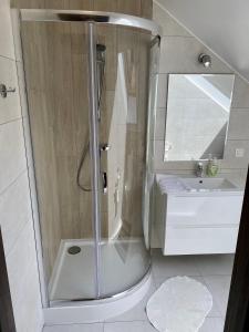 a shower with a glass door in a bathroom at GRACJA in Warszawa