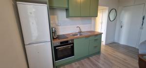 uma cozinha com armários verdes e um frigorífico branco em Cosy 1BD in Refurbed Victorian House Heart of D6 em Dublin