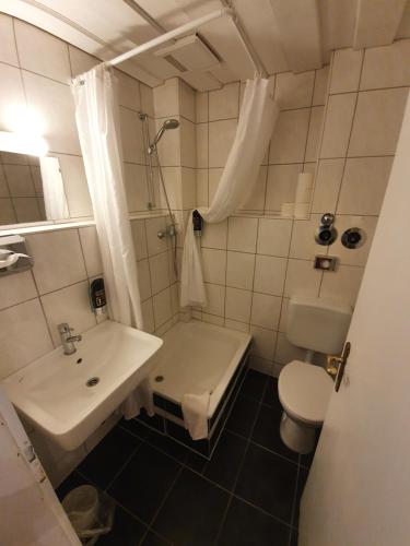 un piccolo bagno con lavandino e servizi igienici di Pension Seibel a Monaco